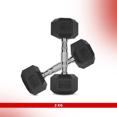 1 KG - Level Fitness 1Kg -25Kg Rubber Hex Dumbbells in Kilogram | Sold In Pairs (2 pcs) | Tough & Durable | Chrome-Plated Ergonomic Handle
