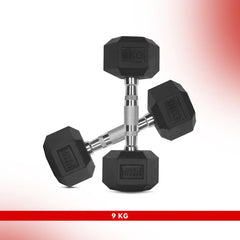 1 KG - Level Fitness 1Kg -25Kg Rubber Hex Dumbbells in Kilogram | Sold In Pairs (2 pcs) | Tough & Durable | Chrome-Plated Ergonomic Handle